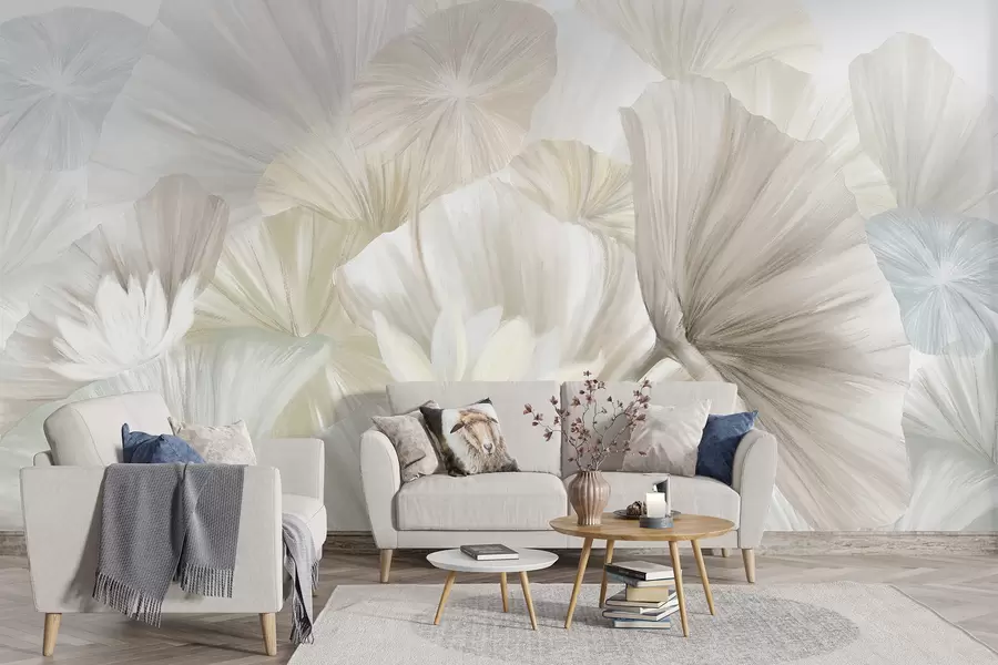 murales de pared Delicadas hojas de loto verde con flores blancas de pétalos suaves y plumosos dispuestas en una composición artística natural w08265