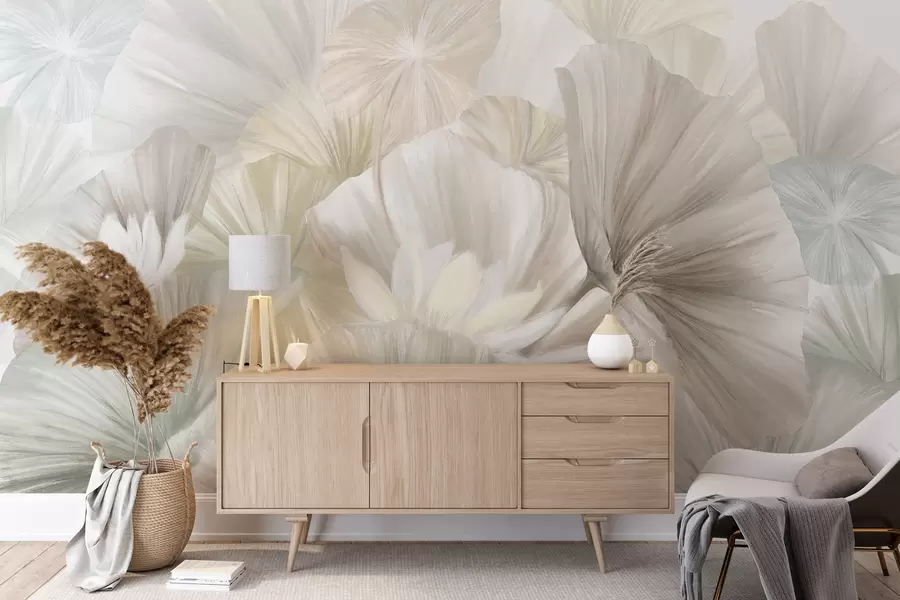 murales de pared Delicadas hojas de loto verde con flores blancas de pétalos suaves y plumosos dispuestas en una composición artística natural w08265