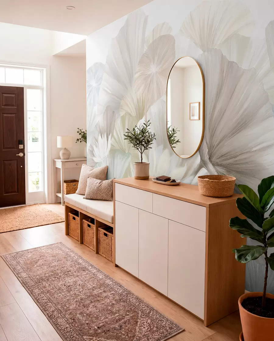 murales de pared Delicadas hojas de loto verde con flores blancas de pétalos suaves y plumosos dispuestas en una composición artística natural w08265