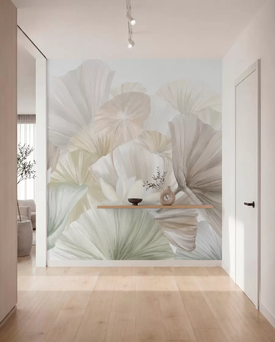 murales de pared Delicadas hojas de loto verde con flores blancas de pétalos suaves y plumosos dispuestas en una composición artística natural w08265