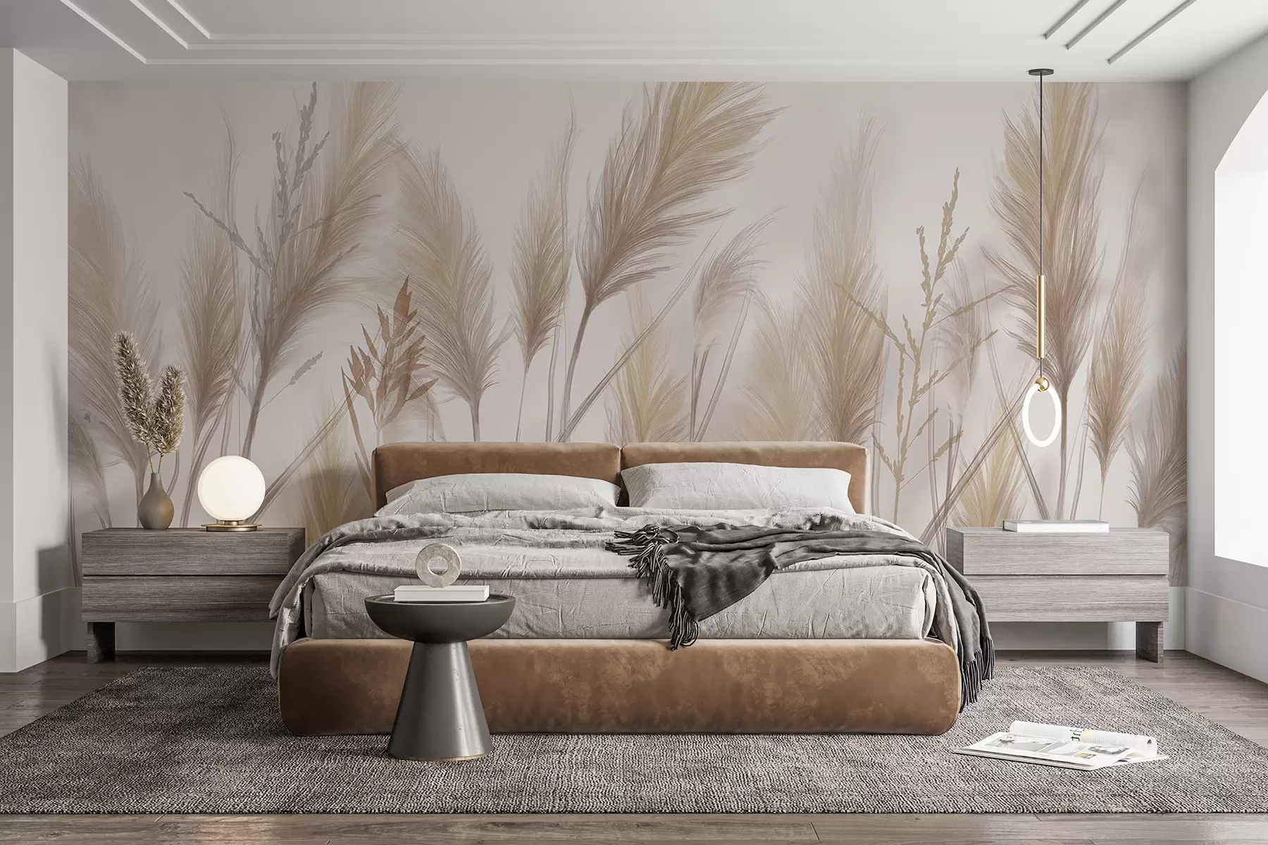 murales de pared Altas espiguillas de hierba beige mecidas por el viento sobre un fondo suave y claro w08268