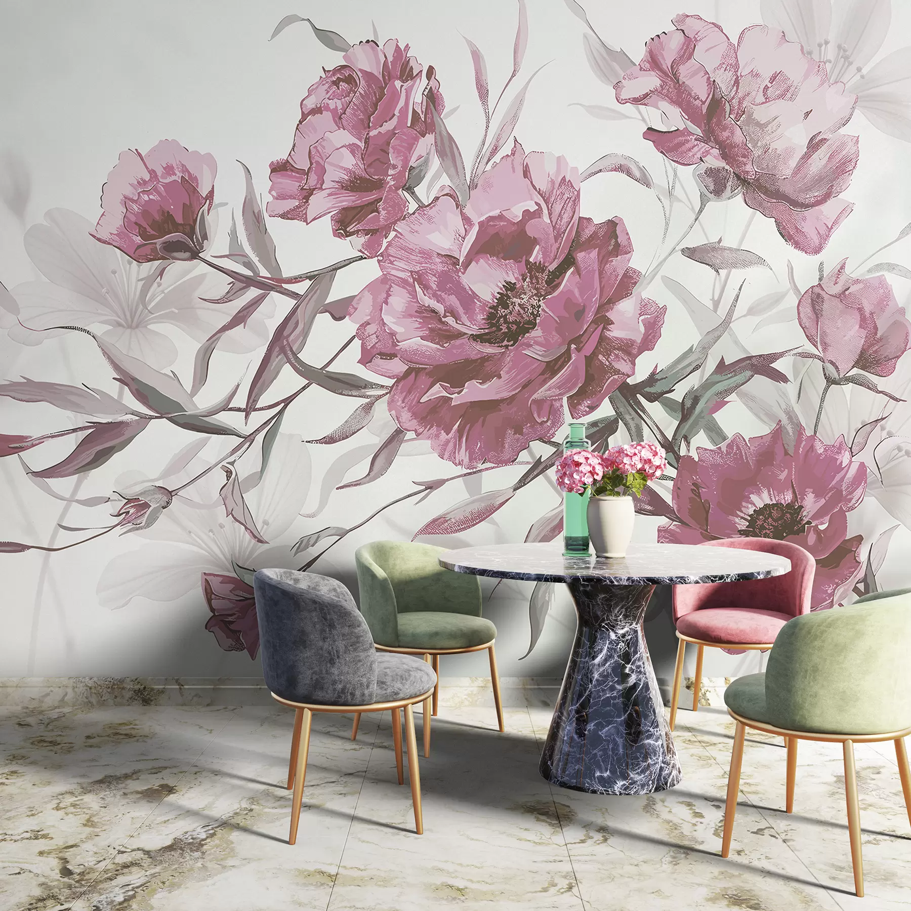 murales de pared Pintura de peonías rosas con exuberante follaje sobre un fondo abstracto claro w08274