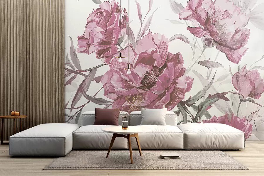 murales de pared Pintura de peonías rosas con exuberante follaje sobre un fondo abstracto claro w08274