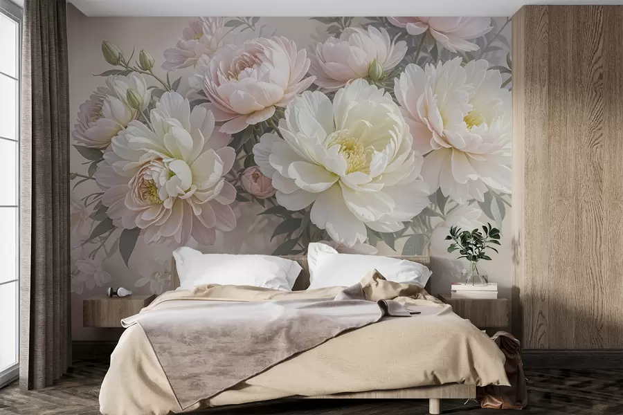 murales de pared Un ramo de exuberantes peonías de colores pastel y otras flores sobre un fondo suave y difuminado w08276
