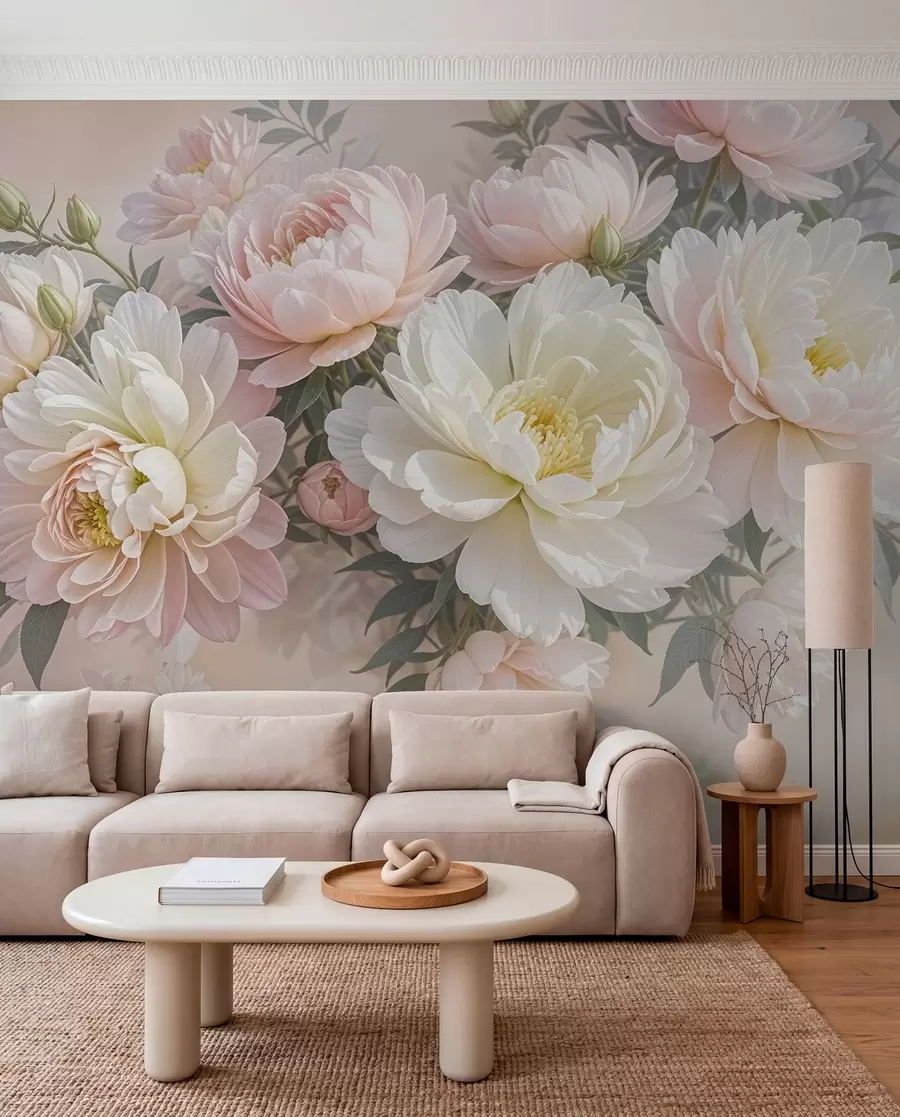murales de pared Un ramo de exuberantes peonías de colores pastel y otras flores sobre un fondo suave y difuminado w08276