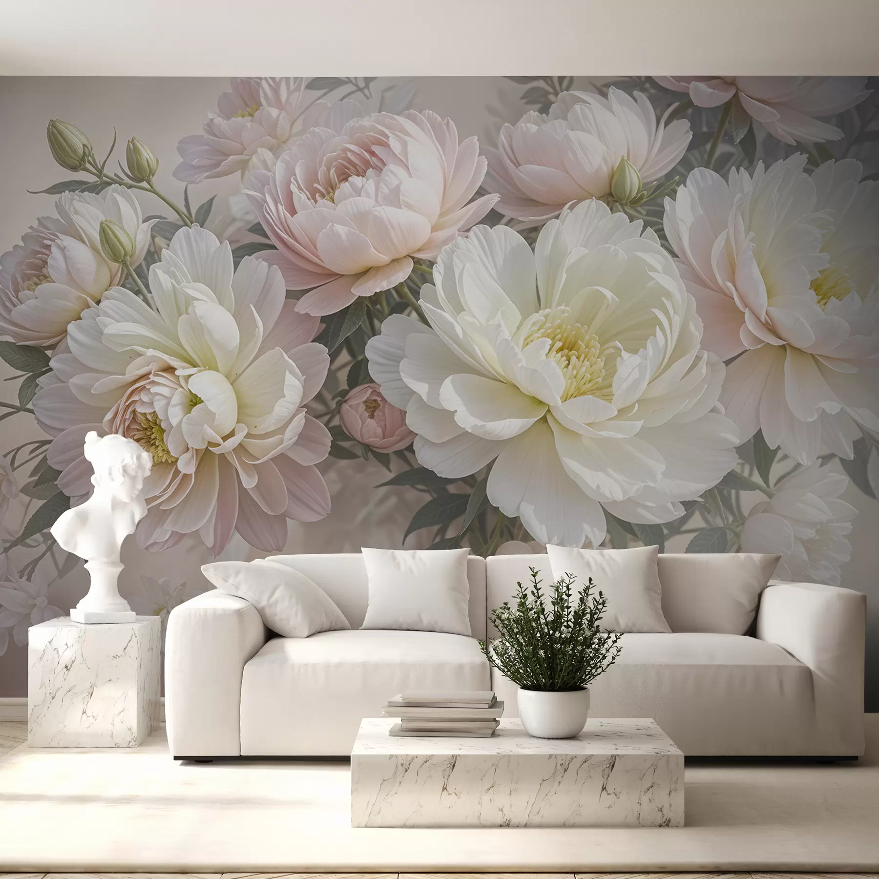 murales de pared Un ramo de exuberantes peonías de colores pastel y otras flores sobre un fondo suave y difuminado w08276