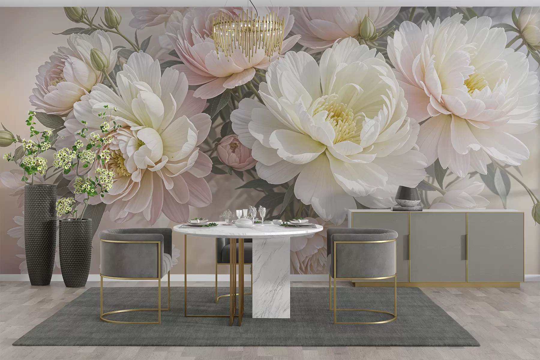murales de pared Un ramo de exuberantes peonías de colores pastel y otras flores sobre un fondo suave y difuminado w08276