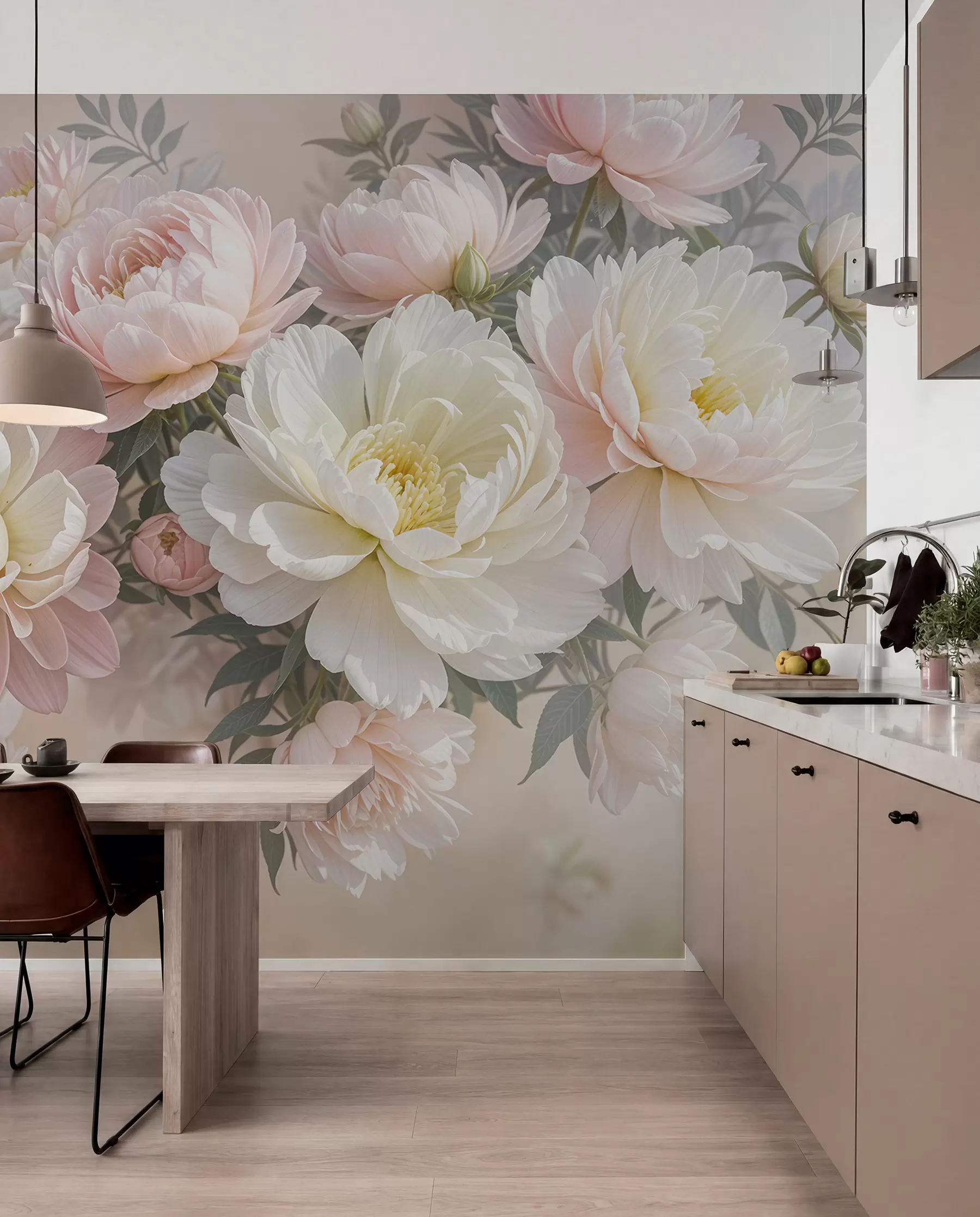 murales de pared Un ramo de exuberantes peonías de colores pastel y otras flores sobre un fondo suave y difuminado w08276