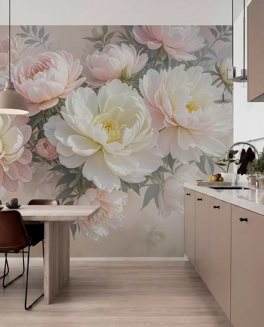 murales de pared Un ramo de exuberantes peonías de colores pastel y otras flores sobre un fondo suave y difuminado w08276
