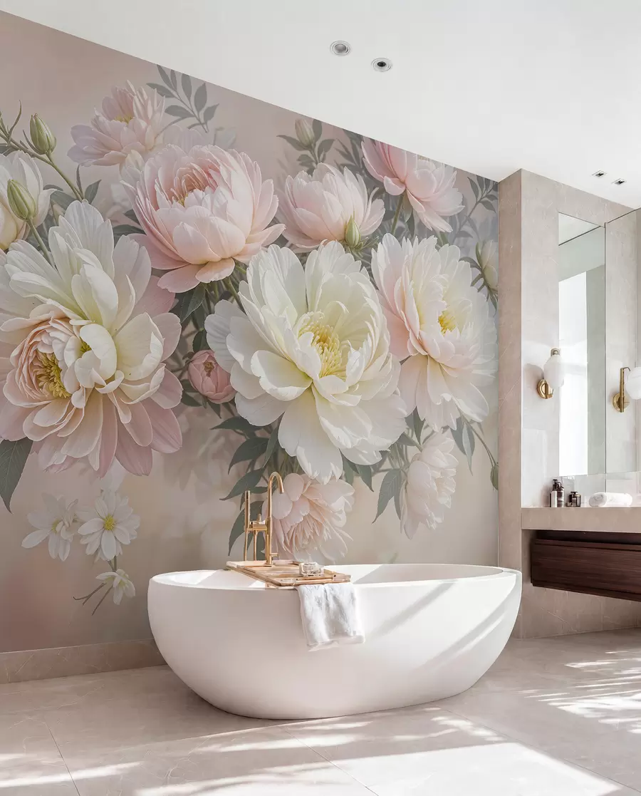 murales de pared Un ramo de exuberantes peonías de colores pastel y otras flores sobre un fondo suave y difuminado w08276