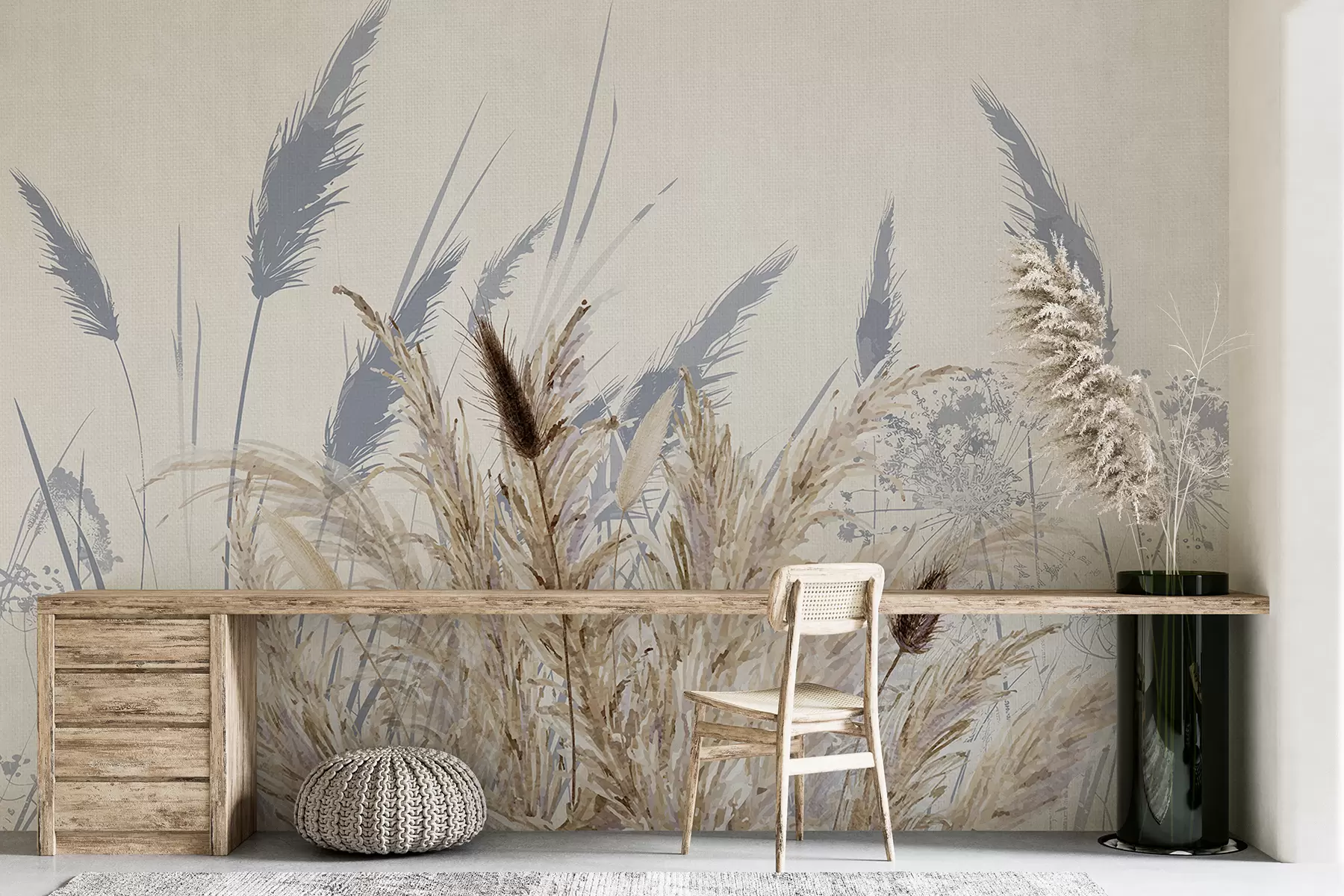 murales de pared Altos tallos de trigo y hierba con mullidos penachos blancos sobre un fondo claro w08282