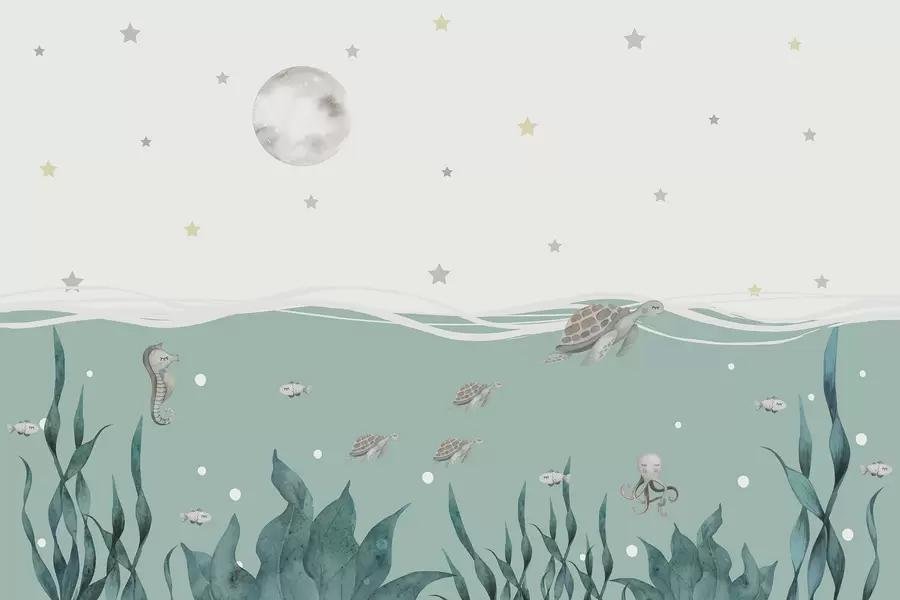 murales de pared Motivo marino con tortugas, caballito de mar, pez y luna llena w01521