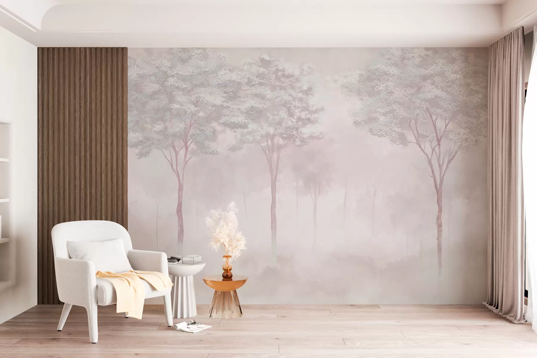 murales de pared Silueta de bosque brumoso en suave color rosa w01599v1