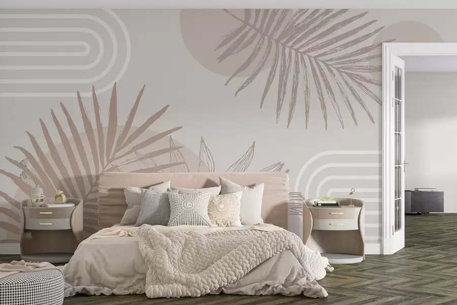 murales de pared Papel pintado geométrico con hojas de palmera en estilo boho w01601