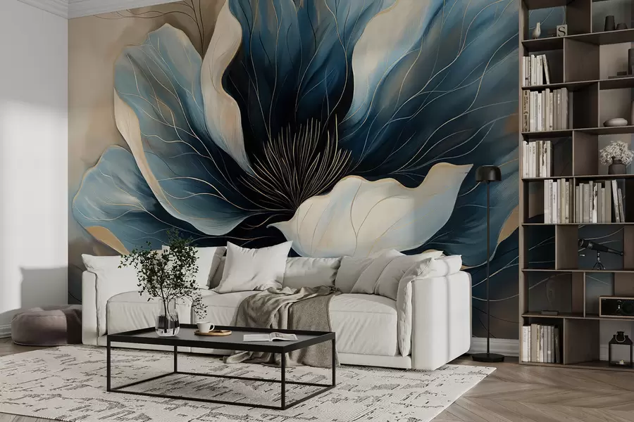 murales de pared Flor grande y elegante con pétalos azul oscuro y blanco que fluyen profundamente w01538