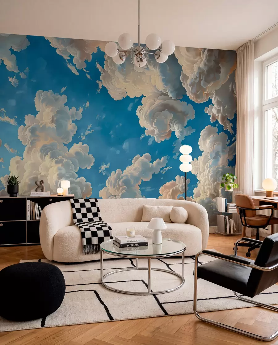 murales de pared Nubes ondulantes en cálidos tonos crema, melocotón suave y pálido, sobre un cielo azul intenso y vibrante w01583