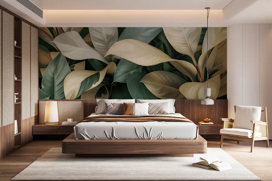 murales de pared Grandes hojas tropicales en colores verde y beige w01587v1
