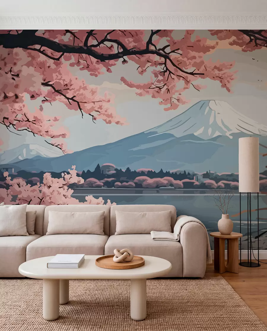 murales de pared Sakura, montañas, acuarela w01664