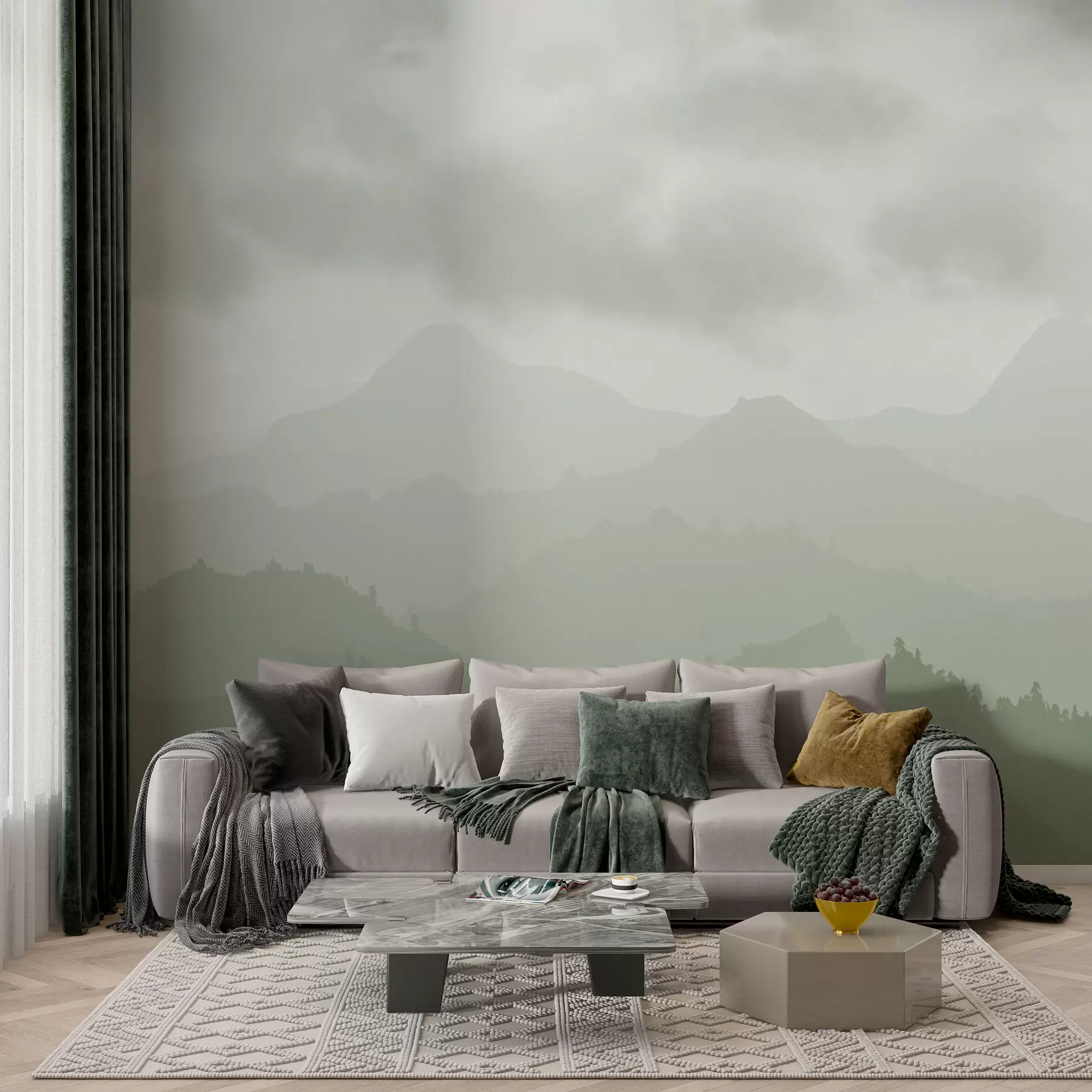 murales de pared Montañas neblinosas con cúmulos ceonáceos en el cielo w01637v3