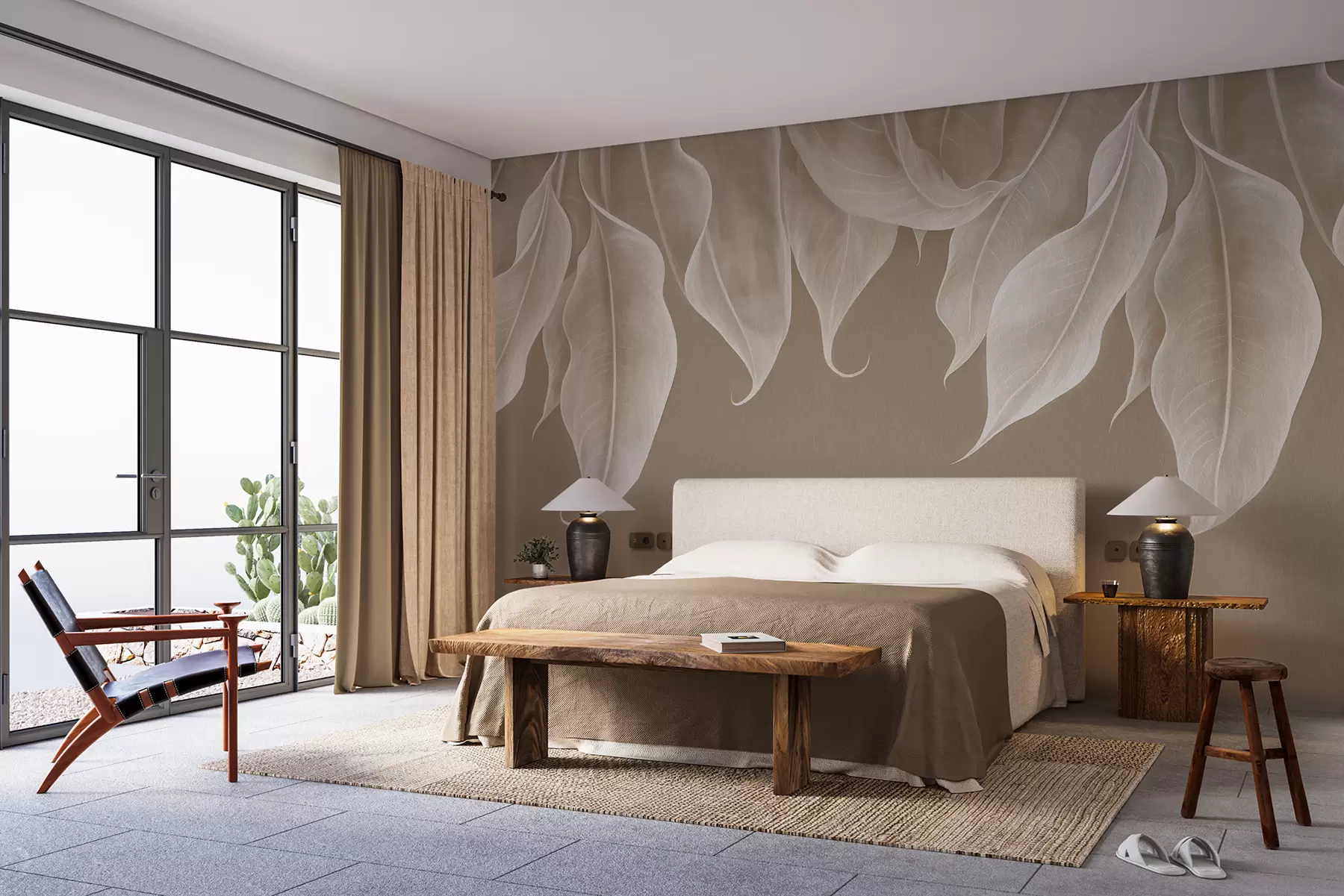 murales de pared hojas grandes colgantes de color beige w01680