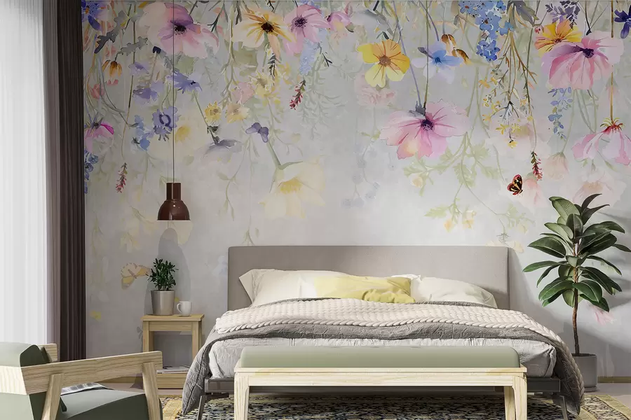 murales de pared Flores de colores con flores rosas, amarillas y azules que cuelgan de la parte superior sobre fondo gris texturizado w08309