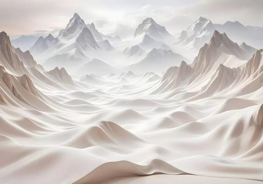 murales de pared Picos montañosos nevados emergiendo de un paisaje brumoso y etéreo con suaves colinas y valles w08313