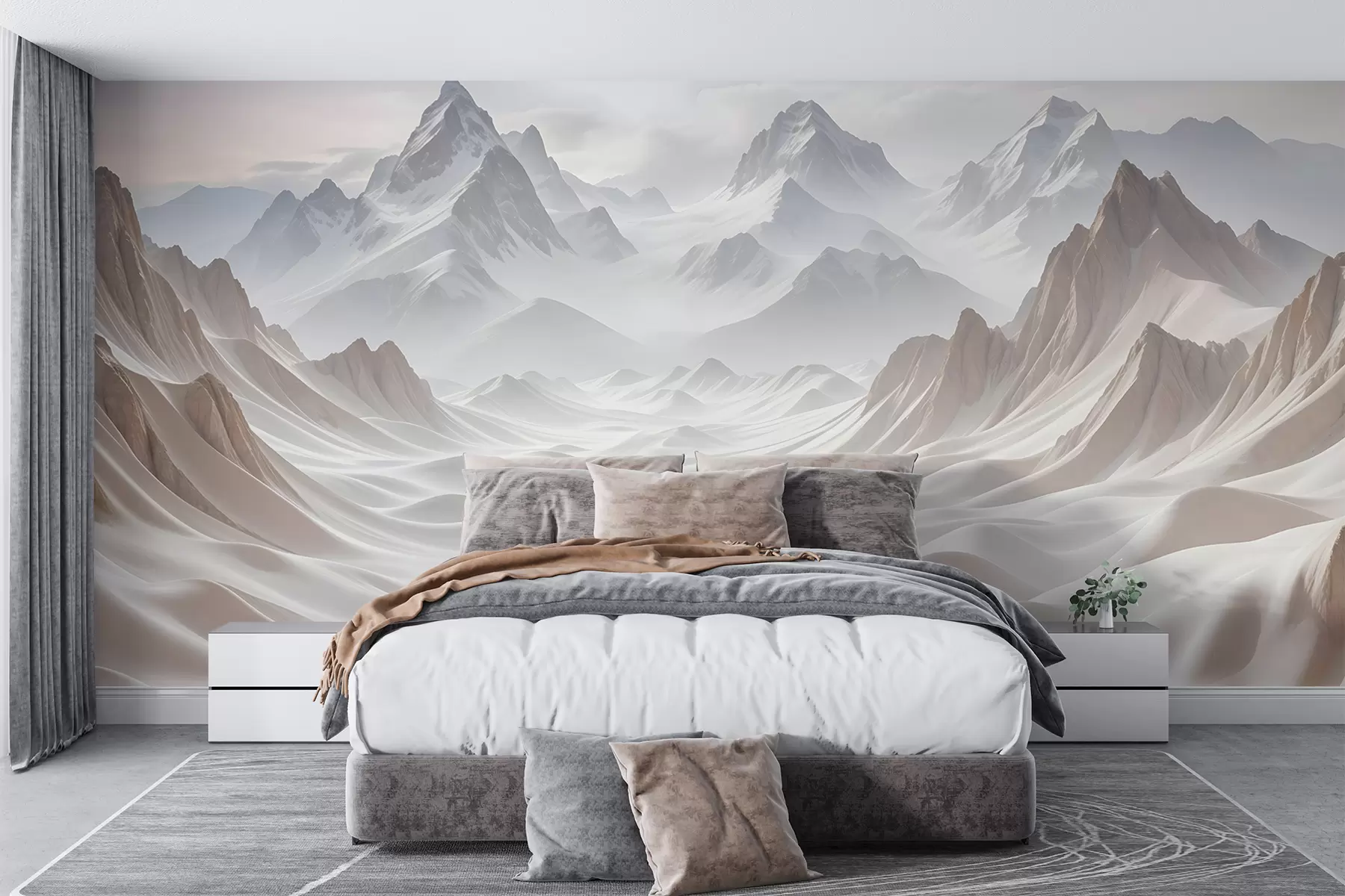 murales de pared Picos montañosos nevados emergiendo de un paisaje brumoso y etéreo con suaves colinas y valles w08313