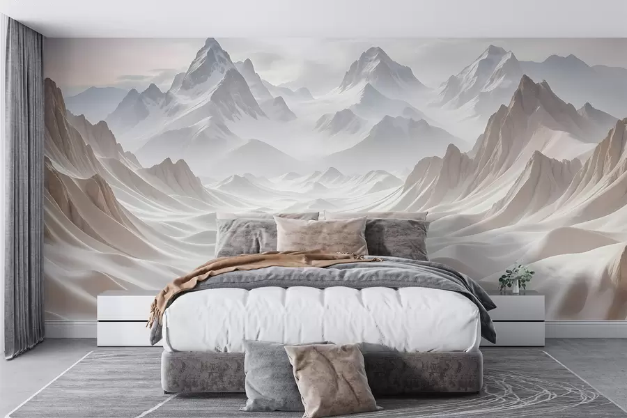 murales de pared Picos montañosos nevados emergiendo de un paisaje brumoso y etéreo con suaves colinas y valles w08313