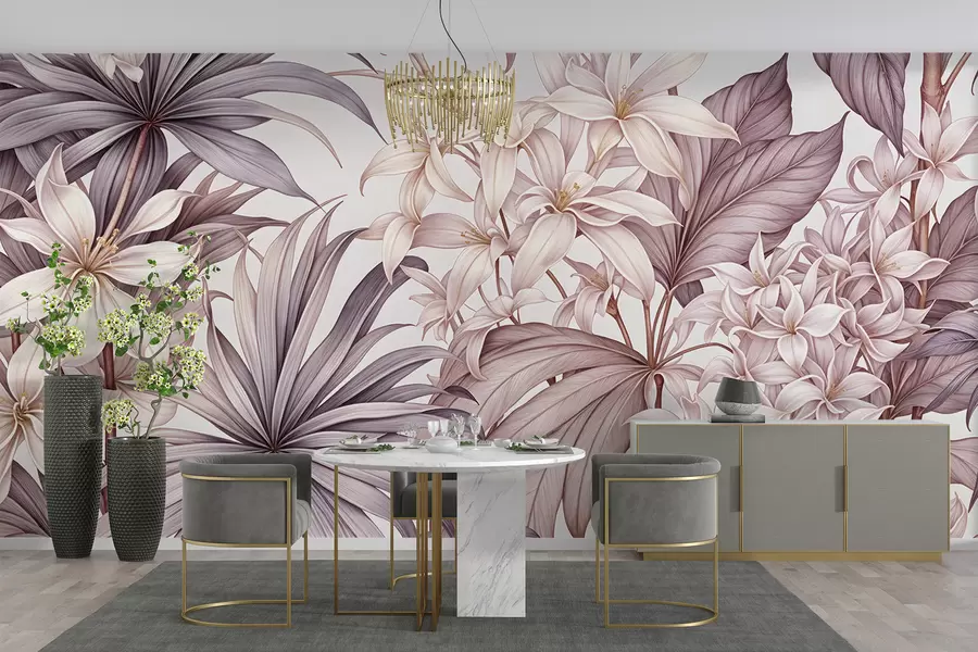 murales de pared Estampado floral tropical con grandes flores blancas y rosa claro, hojas de bordo y fondo neutro w08318v1
