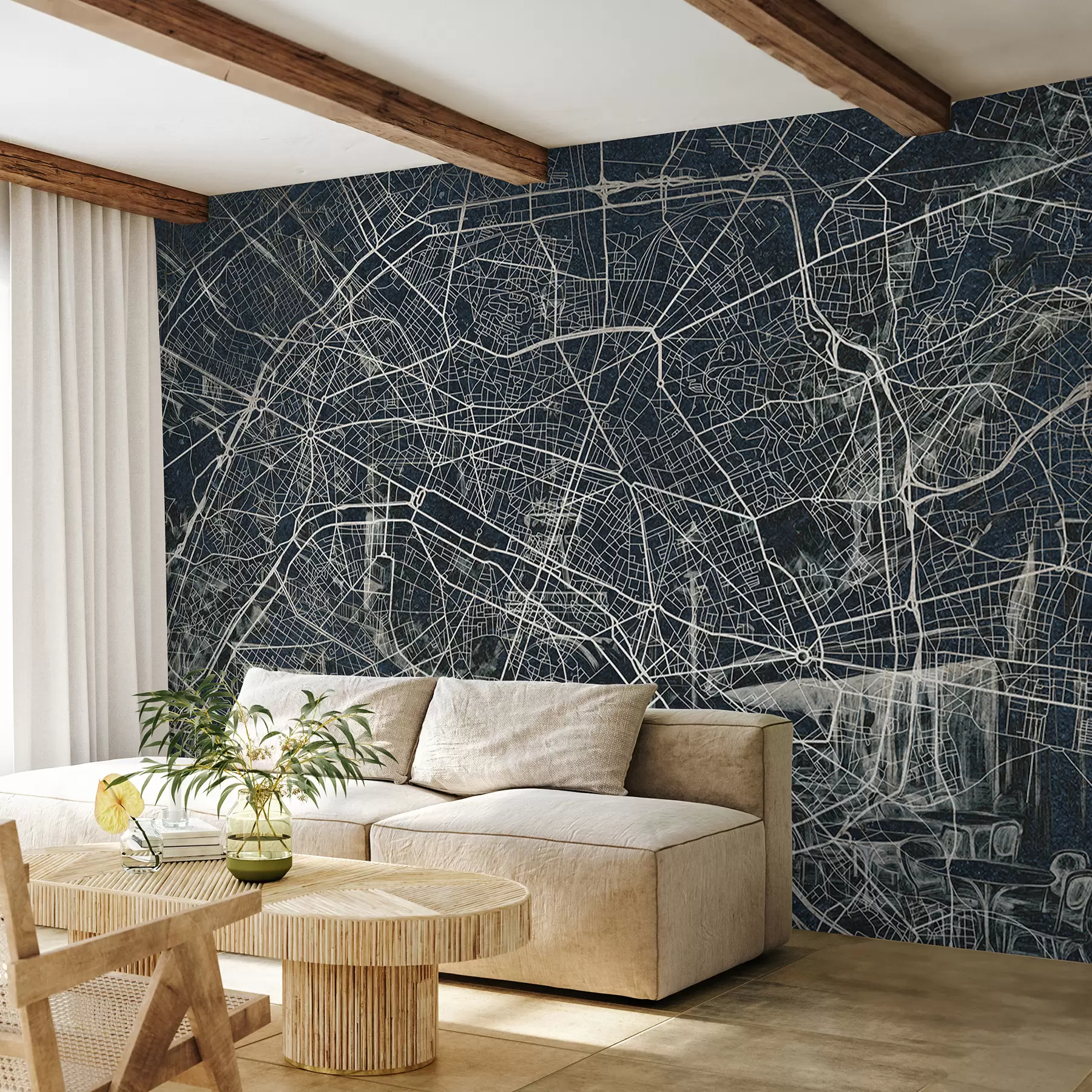 murales de pared Mapa de la ciudad de París, dibujo lineal, arquitectura, Francia, colores oscuros w01697v1