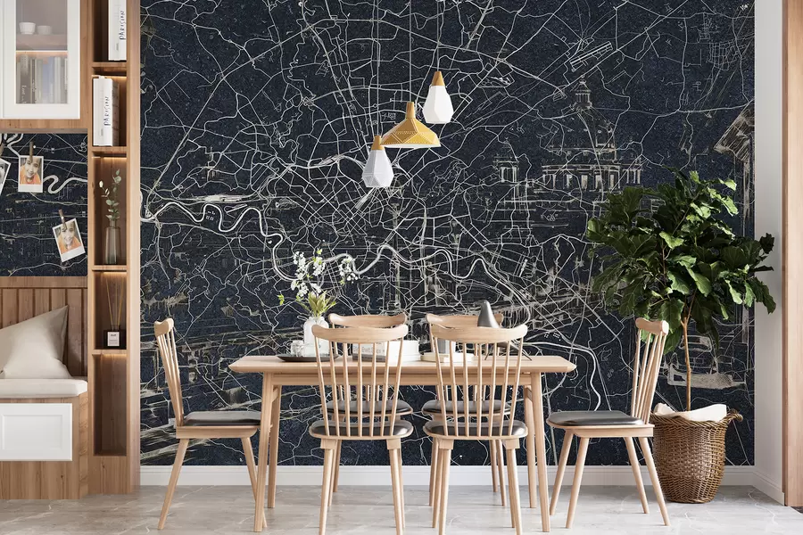 murales de pared Mapa de la ciudad de Roma, dibujo lineal, arquitectura, Italia, colores oscuros w01698v1