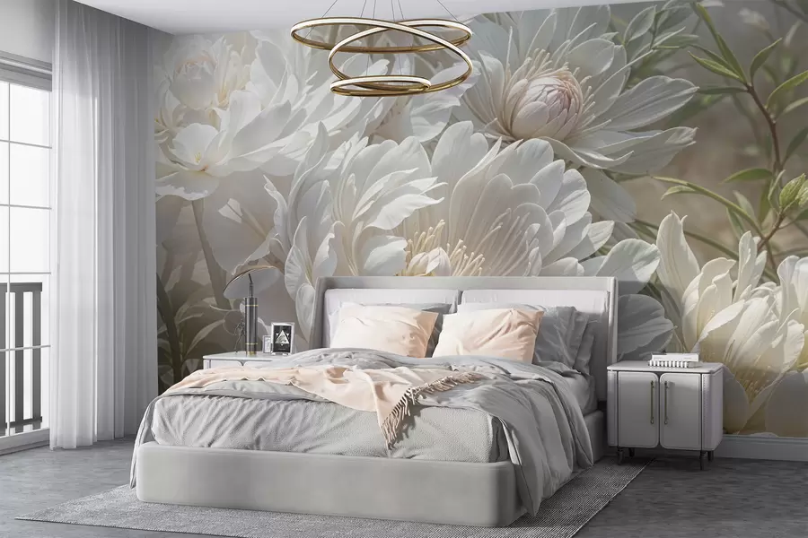 murales de pared Primer plano de grandes y delicadas flores blancas de peonía con pétalos suaves y esponjosos y centros de color amarillo pálido w08325