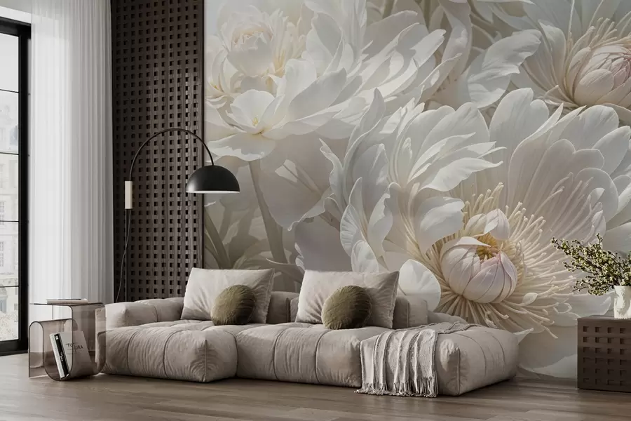 murales de pared Primer plano de grandes y delicadas flores blancas de peonía con pétalos suaves y esponjosos y centros de color amarillo pálido w08325