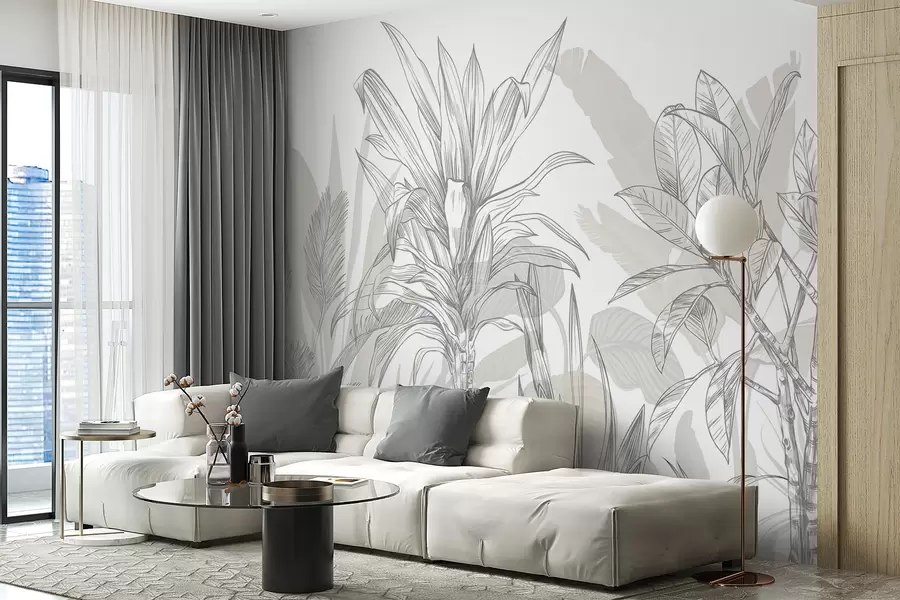 murales de pared Un gráfico de plantas tropicales con grandes y exuberantes hojas y flores en tonos grises y blancos con siluetas florales verdes w08327