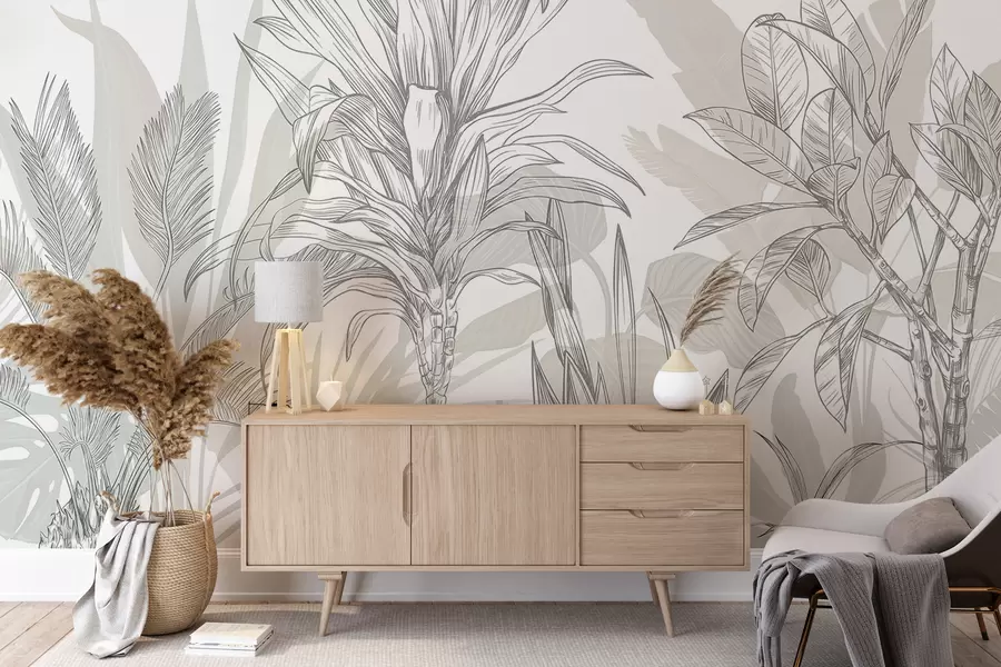 murales de pared Un gráfico de plantas tropicales con grandes y exuberantes hojas y flores en tonos grises y blancos con siluetas florales verdes w08327