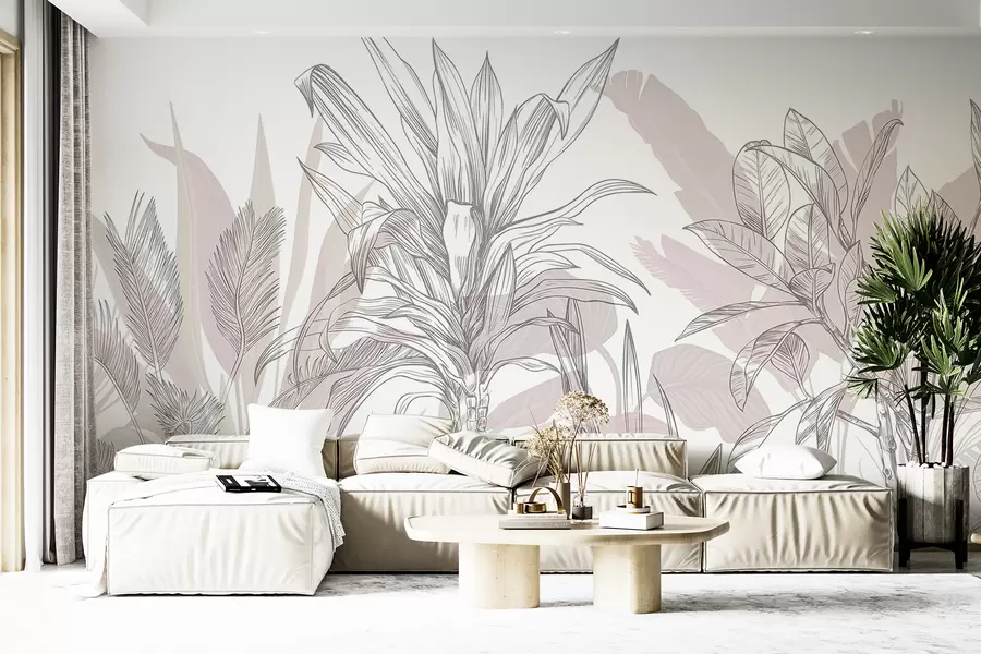 murales de pared Un gráfico de plantas tropicales con grandes y exuberantes hojas y flores en tonos grises y blancos con siluetas florales rosas w08327v1