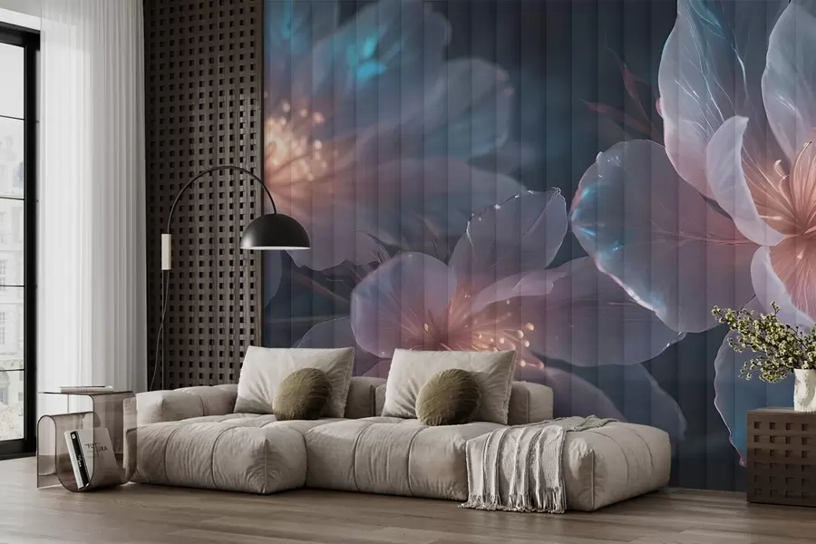 murales de pared Delicadas flores rosas y azules transparentes con pétalos suaves y difuminados y centros brillantes sobre un fondo oscuro w08329