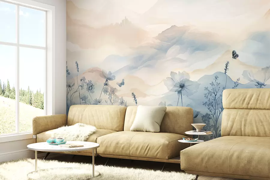 murales de pared Un paisaje sereno con una cordillera brumosa al fondo, rodeada de un campo de delicadas flores azules w08339