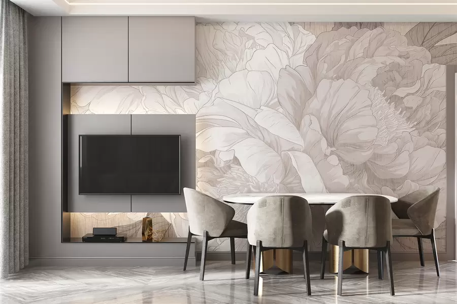 murales de pared Grandes flores de peonía texturizadas en tonos beige w01141