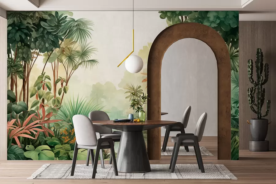 murales de pared Acuarela selva bosque, palmeras, lago, vegetación w01784