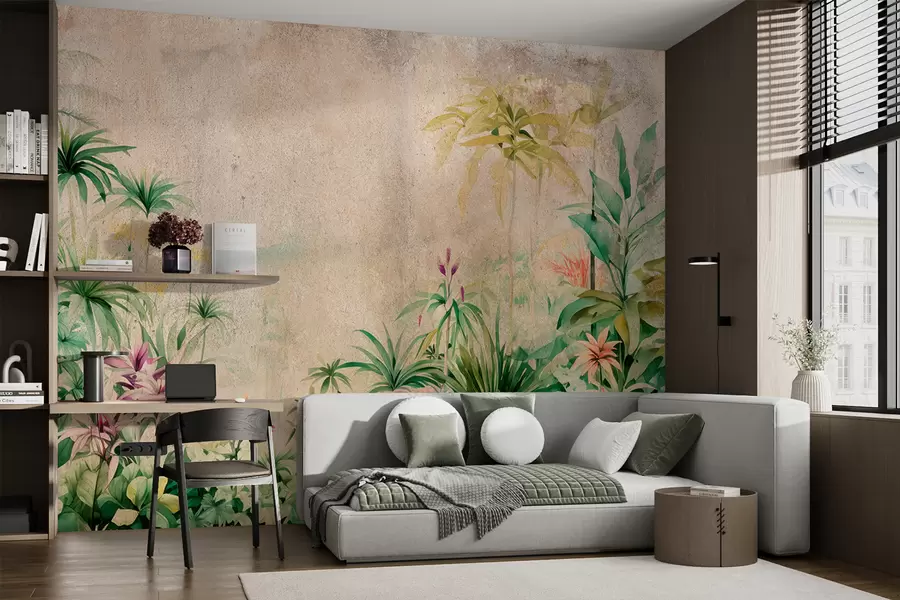 murales de pared Selva, acuarela, palmeras, floral, fondo beige w01788