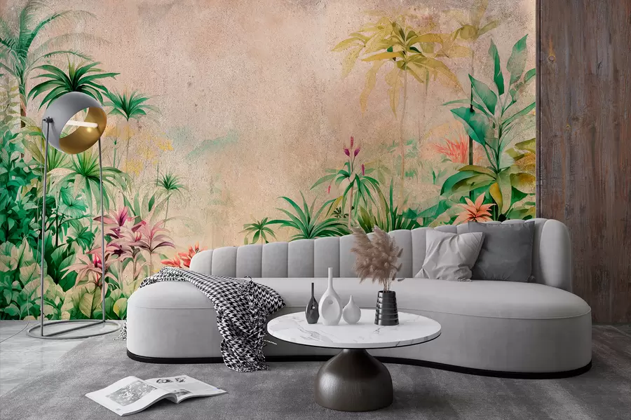 murales de pared Selva, acuarela, palmeras, floral, fondo beige w01788