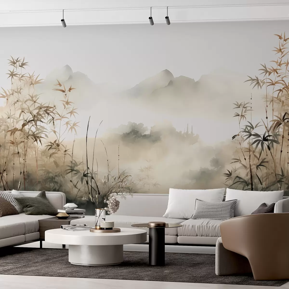 murales de pared Bambú junto al estanque con montañas en la niebla en el fondo acuarela húmeda w01862