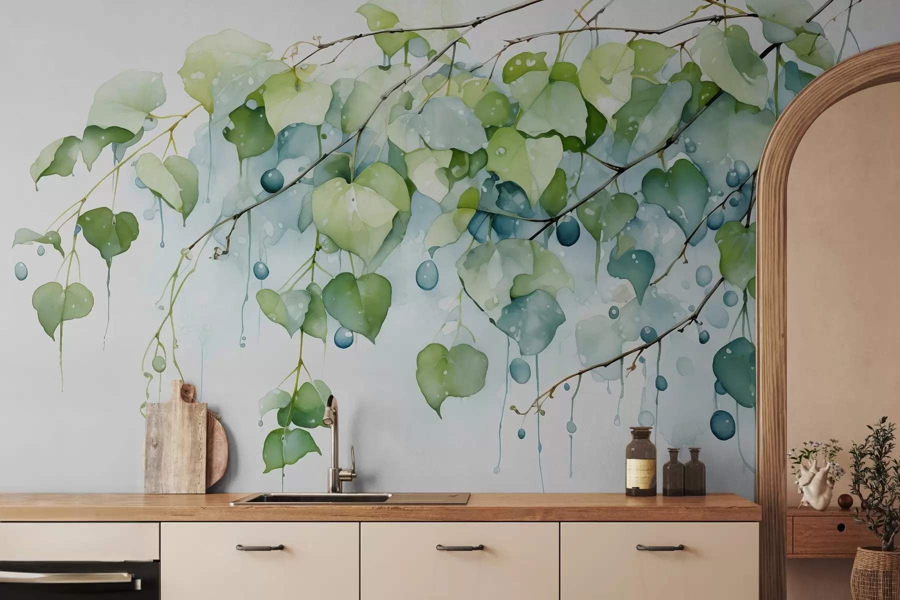 murales de pared Rama con hojas acuarela mojada w01870