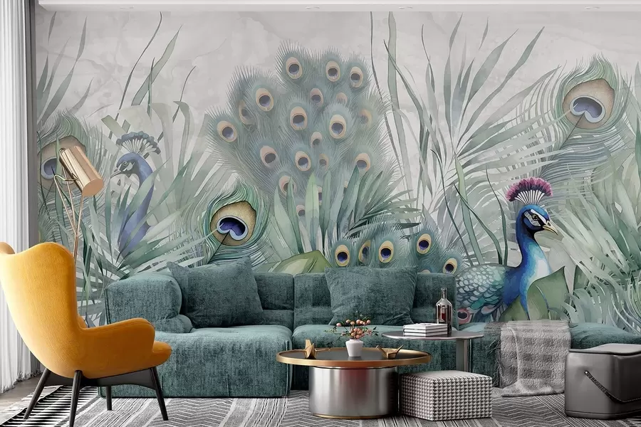 murales de pared Un par de coloridos pavos reales rodeados de exuberante follaje verde acuarela y vibrantes flores sobre fondo gris w08345