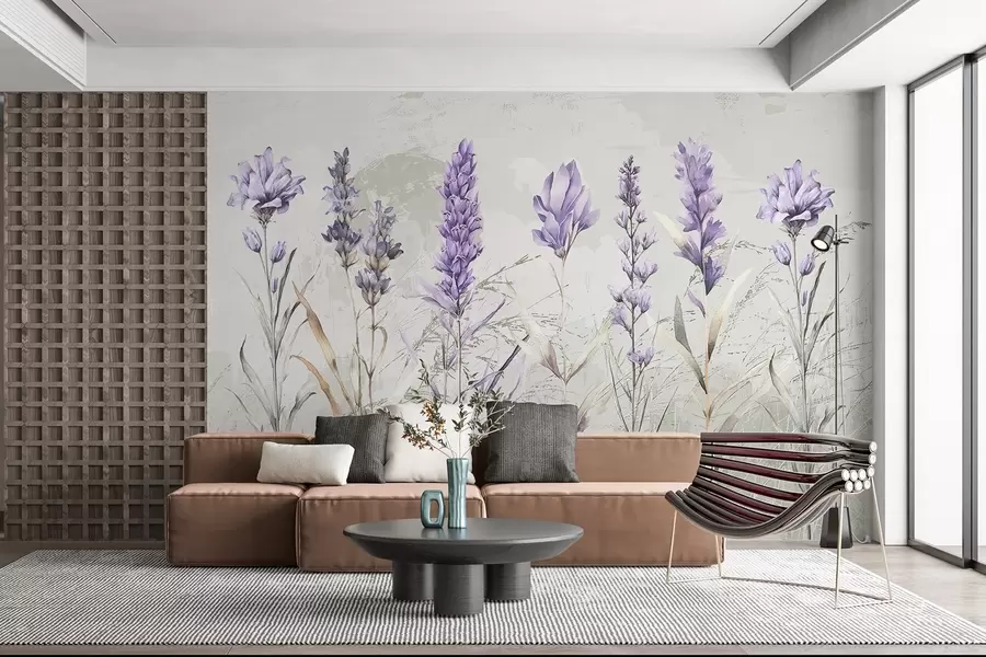 murales de pared Un campo de flores de lavanda de acuarela púrpura con fondo beige de textura suave y borrosa w08346