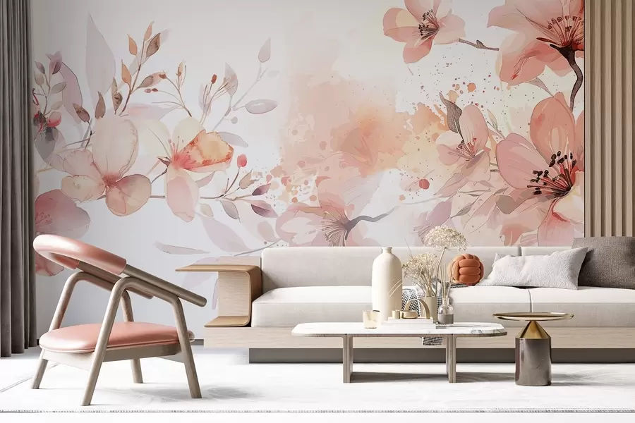 murales de pared Un ramo de delicadas flores blancas y melocotón con pétalos suaves y difuminados sobre un fondo de acuarela ligero y vaporoso w08348