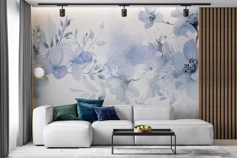 murales de pared Un ramo de delicadas flores azules y blancas con pétalos suaves y difuminados sobre un fondo de acuarela ligero y aireado w08348v1