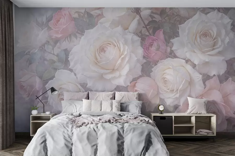 murales de pared Rosas y peonías de suaves colores pastel sobre un fondo difuminado de textura gris brumosa w08352