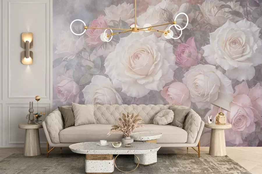murales de pared Rosas y peonías de suaves colores pastel sobre un fondo difuminado de textura gris brumosa w08352